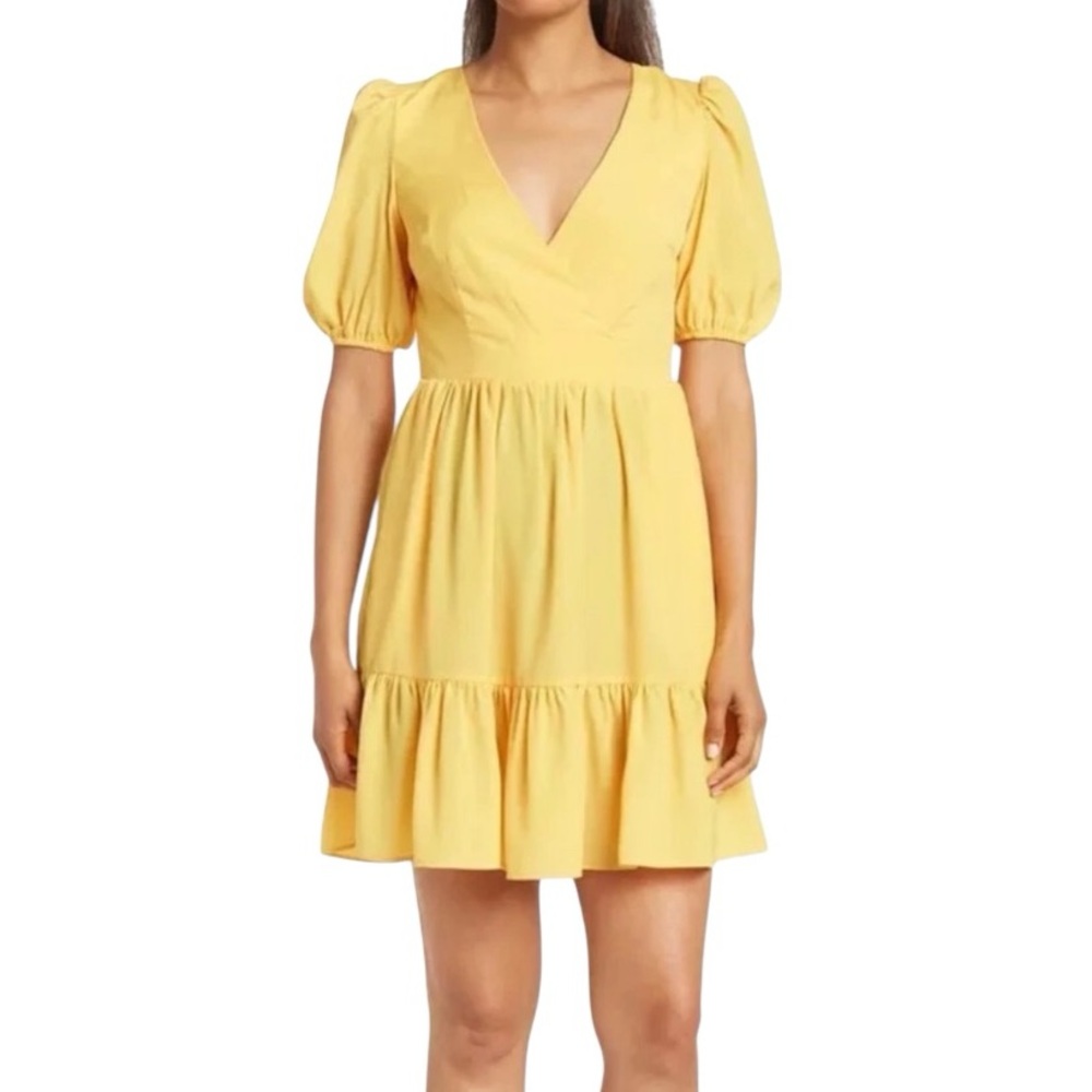 Eliza J Surplice V-Neck Puff Sleeve Fit & Flare Dress Golden Yellow Orange 6 NWT